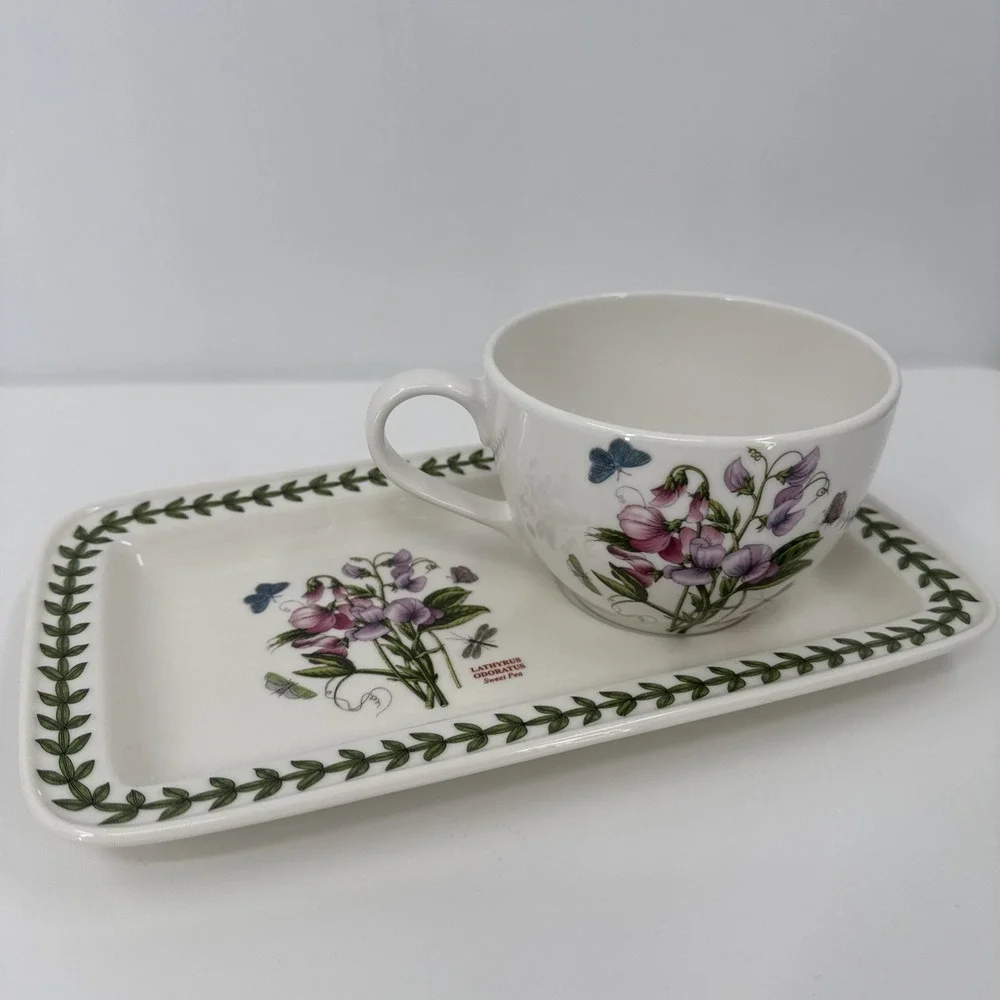 Portmeirion Botanic Garden Sweet Pea Snack Plate and Soup Mug Cup - Excellent